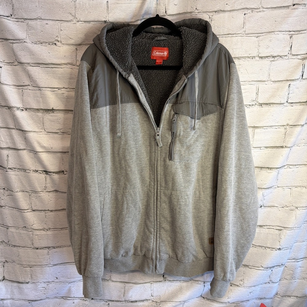 Coleman Men's Sherpa Jacket Hooded Drawstring Full Zip Grey XL